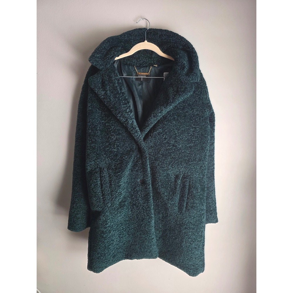 T Tahari Women Green Faux Fur Teddy Coat Boucle Notch Lapel Jacket Size M